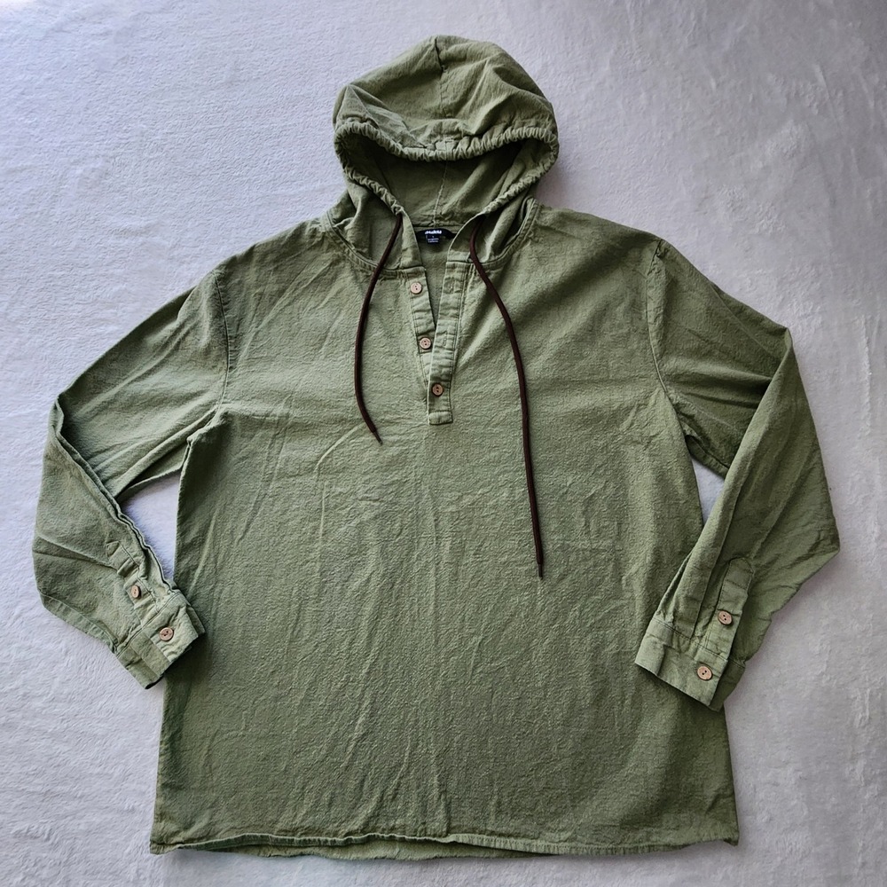 Ouku Linen Blend Hooded Henley Shirt Mens Large Green Long Sleeve Earthy Travel